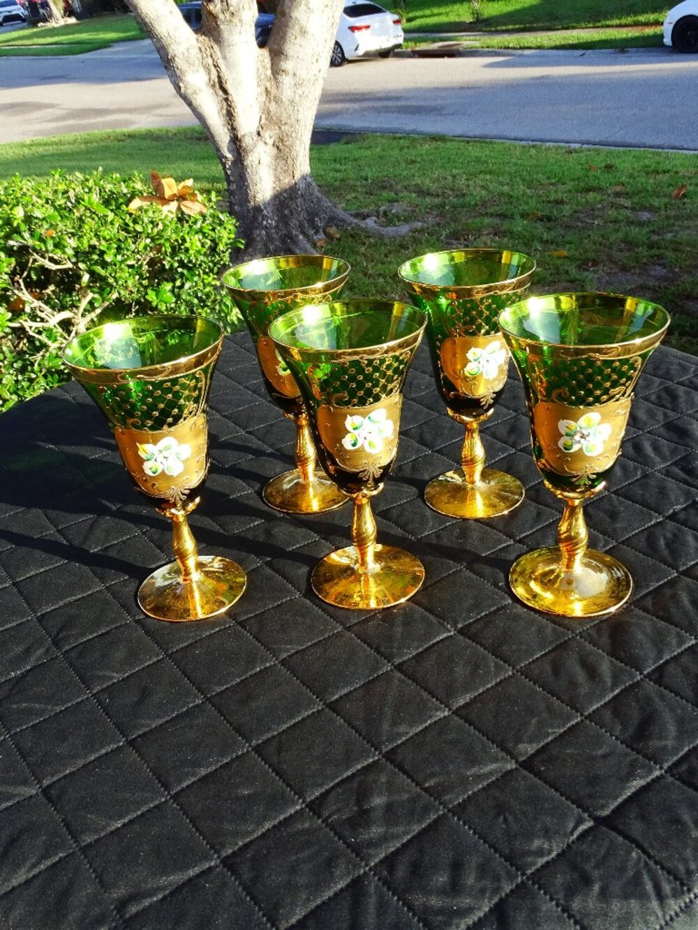 Vintage Czech Bohemian Emerald Green Glass Gold Enamel Flowers Goblets-Set of 5
